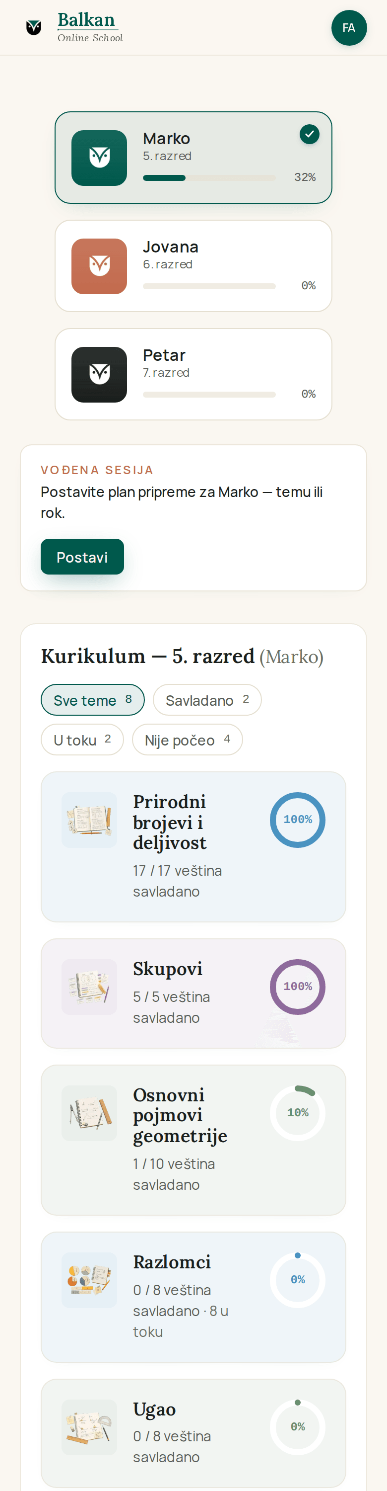 Roditeljska kontrolna tabla — pregled napretka deteta